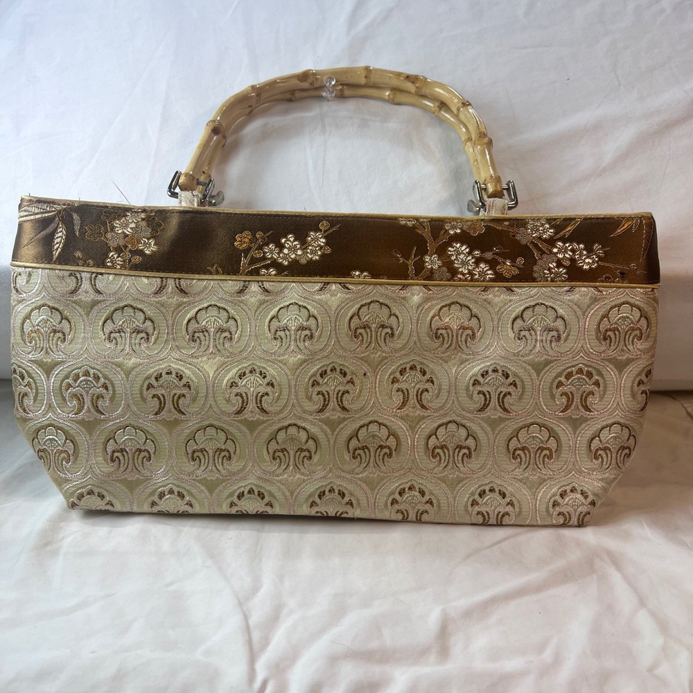 Vintage Gold Jacquard Brocade Handbag with Bamboo Handles Floral Evening Bag